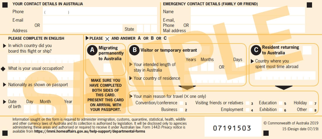 澳大利亚入境卡英文版